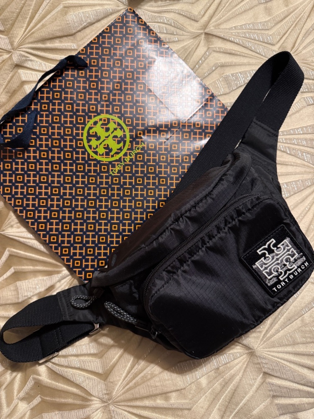 Tory Burch Black Nylon Belt Bag with Logo Patch